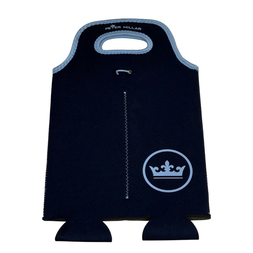 Peter Millar Navy Blue Neoprene 2 Bottle Wine Tote Carrier Insulated‎ Crown Logo